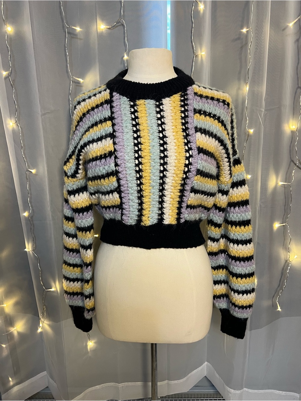 ZARA Black Striped Cropped Knit Sweater with Pastel Yellow & Lilac SZ S